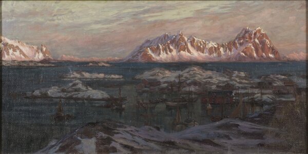 Anna Boberg, Fiskehamn med solbelysta fjäll. Studie från Nordlandet