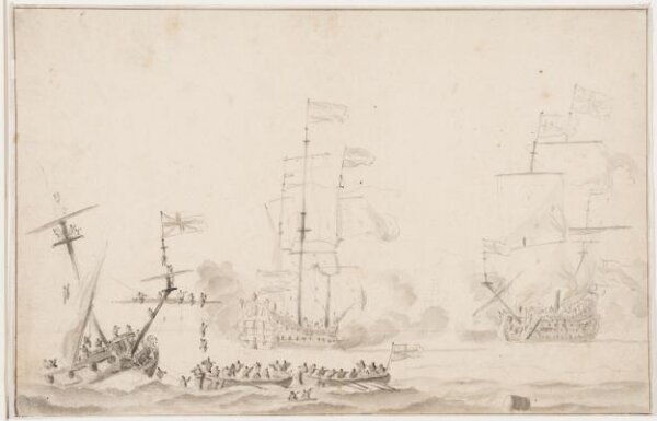 willem van de velde the younger, An unidentified naval battle between a French man-of-war in the centre and an English man-of-war on the right