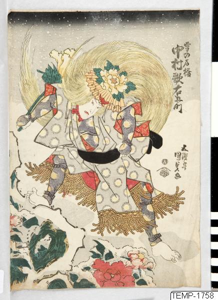 Utagawa Kunisada (Toyokuni III), Träsnitt, Bildkonst, Kabuki-skådespelaren Ichimura Uzaemon XII i lejondansen (shakkyo). 1840, Print, Woodcut, Woodblock
