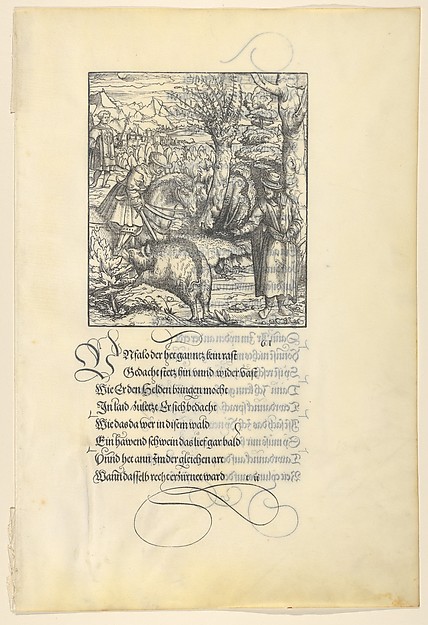 Hans Burgkmair, Theuerdarnk on a Boar Hunt, from [Theuerdank] Die geuerlicheiten vnd einsteils der geschichten des loblichen streytparen vnd hochberümbten helds vnd Ritters herr Tewrdannckhs