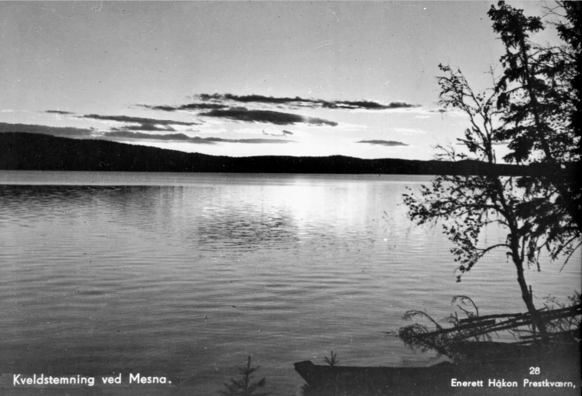 Anno Domkirkeodden, Kveldstemning ved Mesna. Postkort. Foto Håkon Prestkværn. Moelv. No 28. Mesnavatnet, Mesnalia.