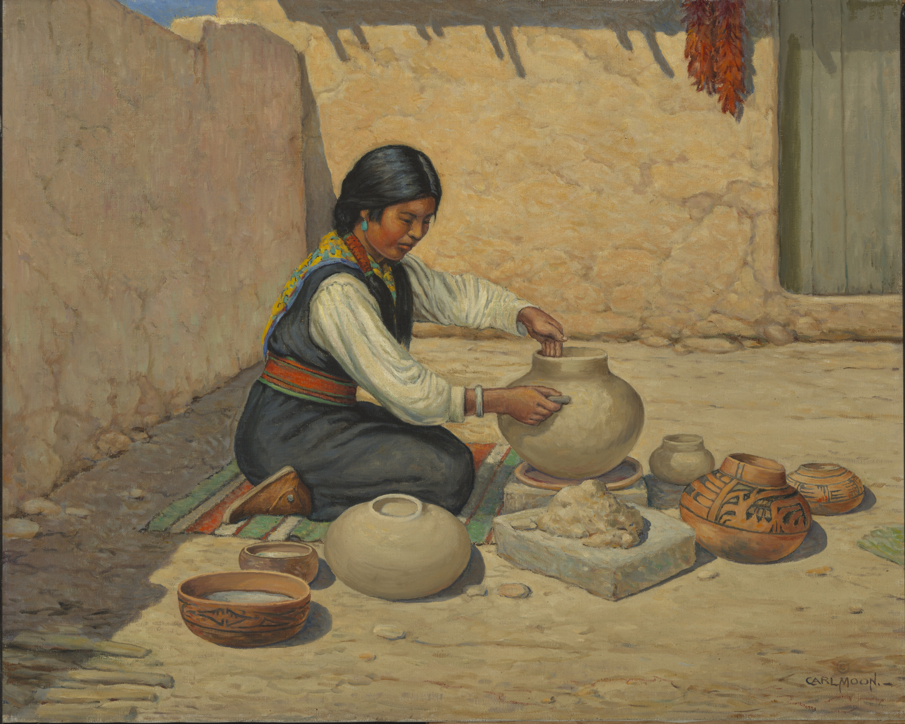 Carl Moon, Hopi Woman Making Pottery