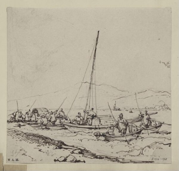 George Chinnery, Tanka boats in shallow water near the shore