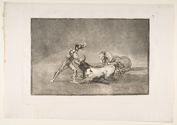Goya (Francisco de Goya y Lucientes), Plate 9 from "La Tauromaquia": A Spanish knight kills the bull after having lost his horse
