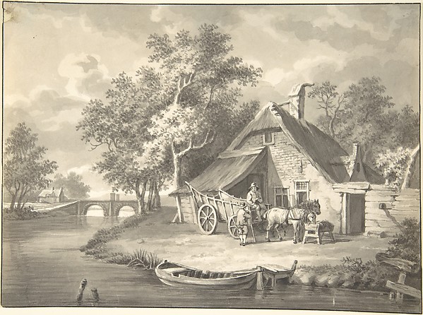 Anonymous, British, 19th century, A Haywagon In front of a Cottage Beside a Stream