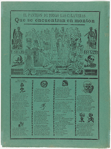 José Guadalupe Posada, The pantheon of all the skeletons who are eating and drinking in a cemetery (Posada); flanked by skeletons holding scythes (Manilla)