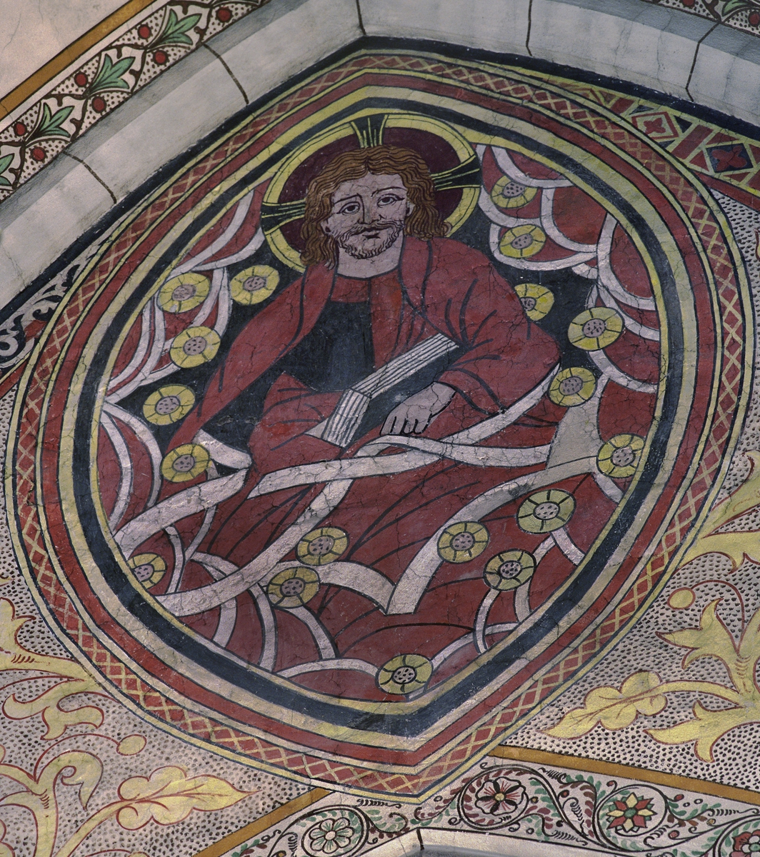 Olle Norling, Tronande Kristus (Salvator mundi). Hårt restaurerad medeltida målning i travé 41, Uppsala domkyrka, Uppsala 2008