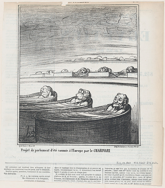 Honoré Daumier, Idea for summer parliament submitted to Europe by the Charivari, from 'News of the day,' published in Le Charivari, July 13, 1868