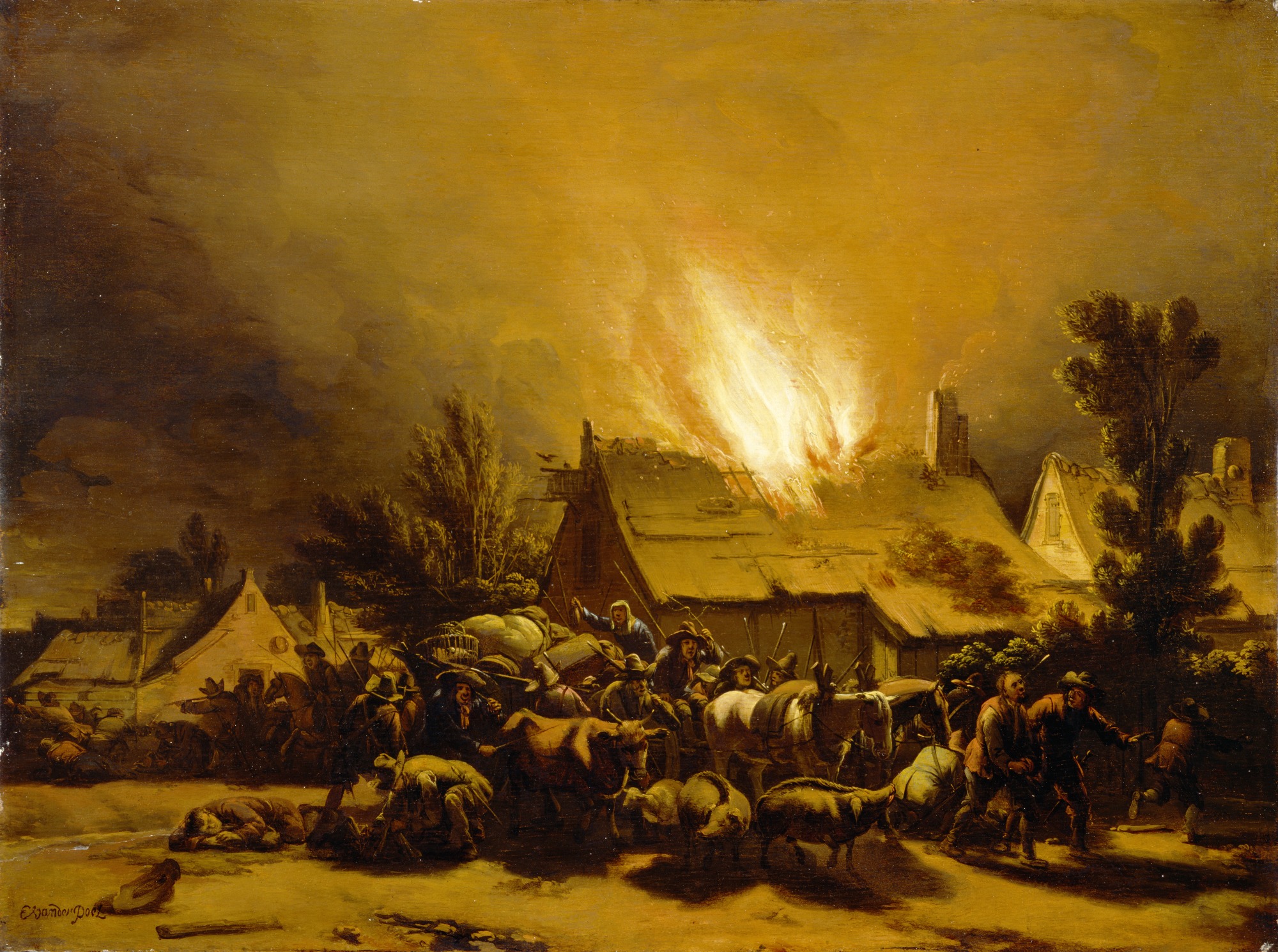 Egbert van der Poel, Peasants Fleeing a Burning Barn