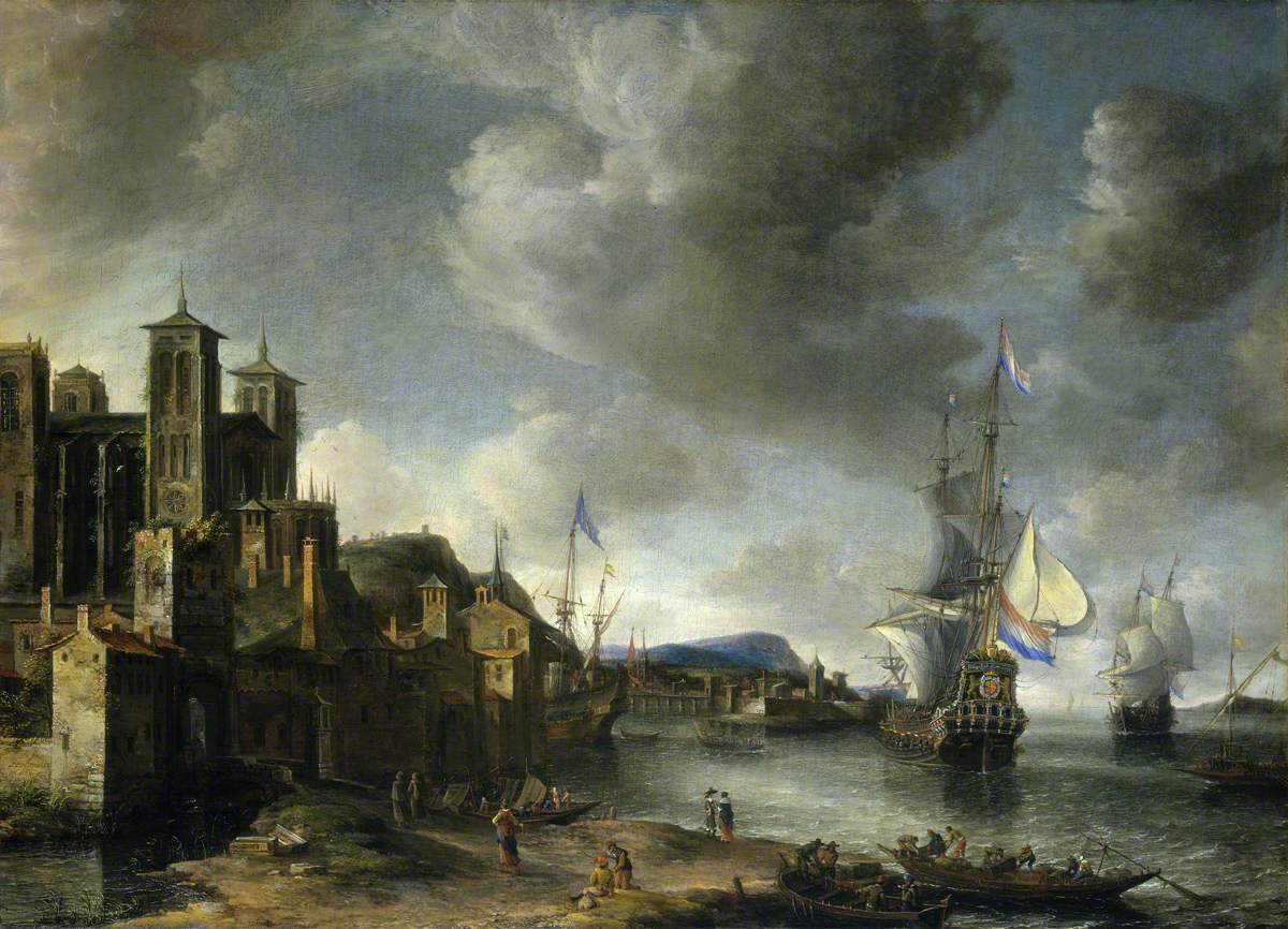 Abraham Beerstraaten, Mediterranean Harbour Scene with the Saint Jean Cathedral at Lyons