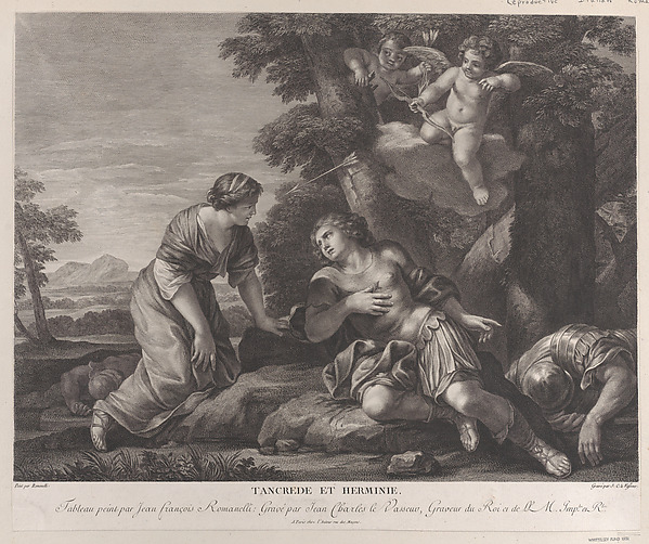 Jean Charles Le Vasseur, Tancrede and Herminia, within a landscape, as Cupid shoots an arrow towards Herminia at upper right