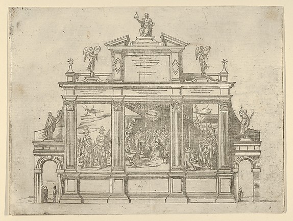 Guido Reni, Façade of a triumphal monument with three scenes depicting deeds of Pope Clement VIII, a temporary decoration for the entry of Pope Clement VIII in Bologna in 1598