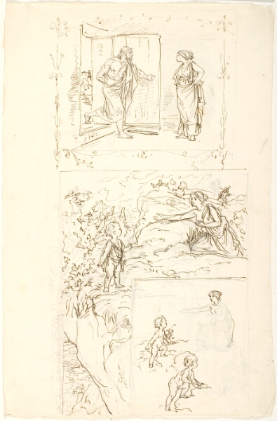 Lorenz Frølich, Illustration til humoreske af Makedonios "Just som jeg gik og tænkte paa, hvor rart det ville være, om min kone ville lægge sig til at dø..." F.n.: Illustration til digt af Parmenion. Moderen, der lokker barnet til sig ved at vise det sit bryst