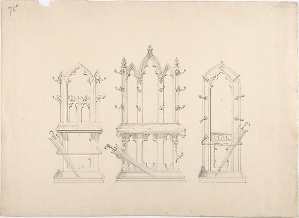Anonymous, British, 19th century, Design for Three Gothic Hat and Umbrella Stands