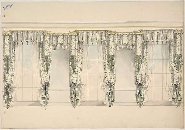 Anonymous, British, 19th century, Design for Green and White Curtains with Green Fringes, and White and Gold Pediments