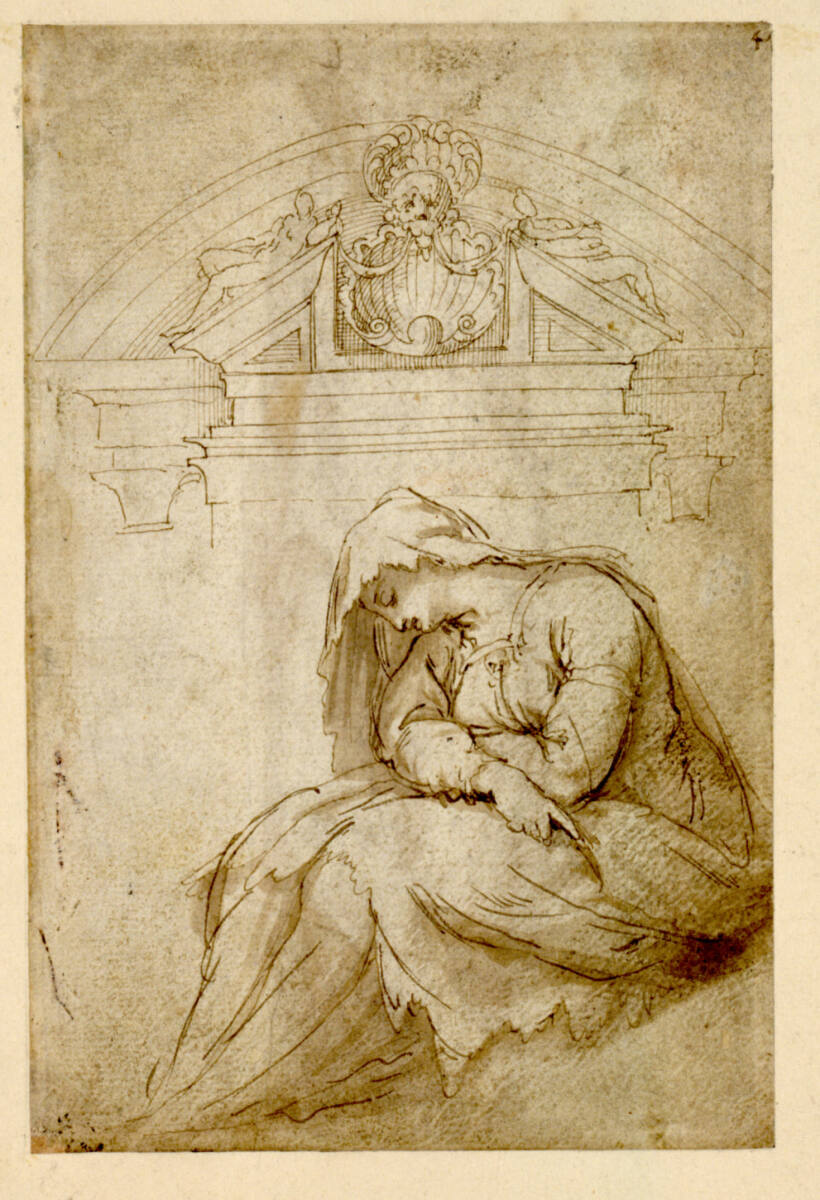 Anonym, Studienblatt. Nach links sitzende weibliche Figur; Architekturdetail