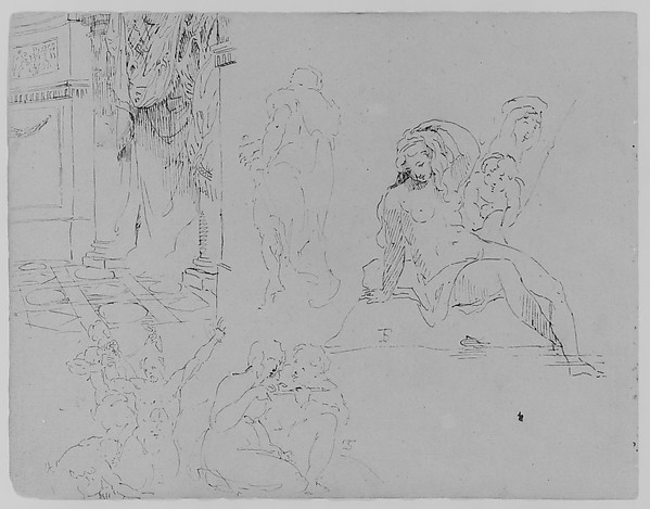 Thomas Sully, Doric Rotunda Interior with Curtains; Four Figure Studies, Including a Female Nude Bather with Putti, and a Martyrdom [of St. Bartholomew?] (from Sketchbook)