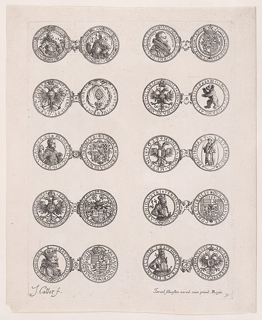 Jacques Callot, Plate 9, Featuring 10 Coins Issued by European Princes in the 16th and 17th centuries, from "Les Monnaies" (The Currencies)