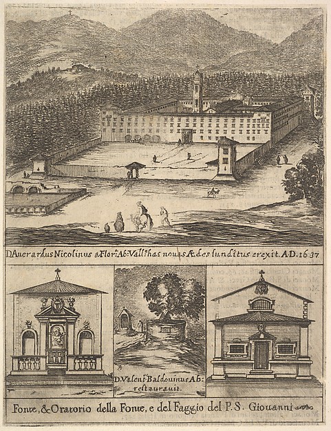 Stefano della Bella, Four views: at top, a view of the new monastery of Vallombrosa, at bottom left and right, a view of a chapel, at bottom center, the tree of St. John Gualbert, from "Frontispiece and four scenes from the life of Saint John Gualbert" (Frontispice et quatre vignettes pour une vie de Saint Jean Gualber…