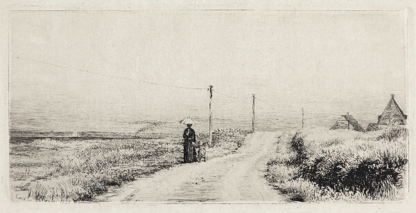 Carl Bloch, Landevej med spadserende dame. Solskinseftermiddag.