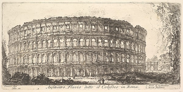 Giovanni Battista Piranesi, Plate 12: Flavian Amphitheater, called the Colosseum. 1. Arch of Constantine. 2. Palatine Hill. (Anfiteatro Flavio detto il Colosseo in Roma. 1. Arco di Costantino. 2. Monte Palatino.), from "Antichità Romane de' Tempi della Repubblica, e de' primi Imperatori"