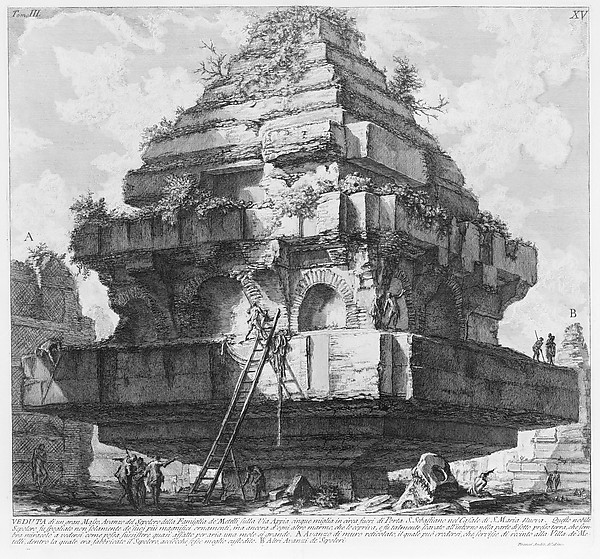 Giovanni Battista Piranesi, View of a large structure, remains of the Tomb of the Metelli on the Appian Way about five miles from Porta S. Sebastiano, in the village of S. Maria Nuova..., tome 3, tavola 15 from "Le Antichità Romane" (Roman Antiquities)