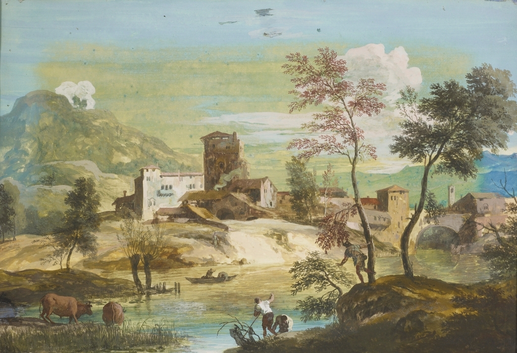 Marco Ricci, Landscape with a Foreground River and Buildings Beyond
