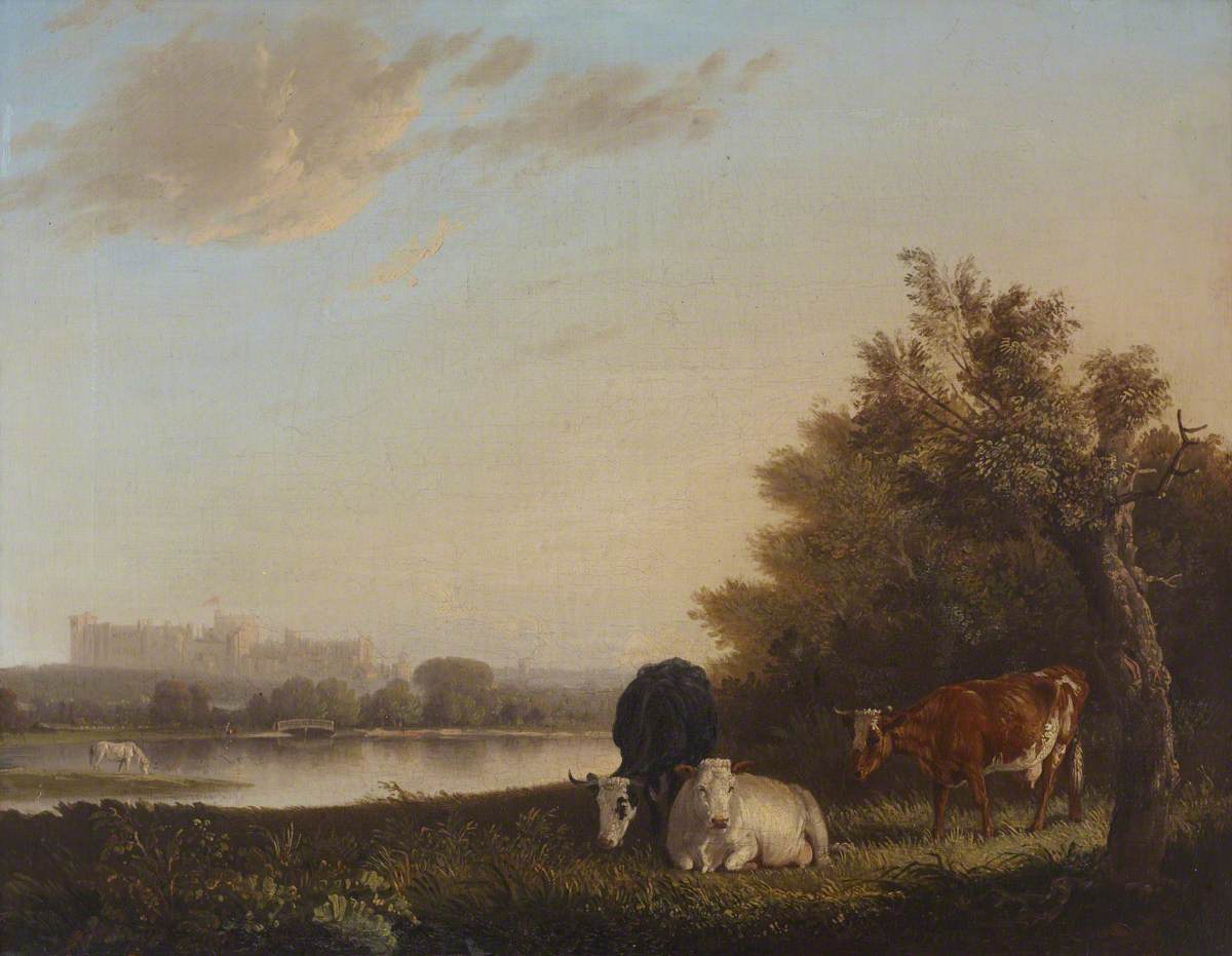 Edmund Bristow, Distant View of Windsor Castle, with Cows by the River