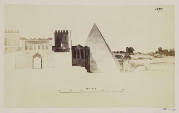 Parker, John Henry, Gates of Rome - Porta Ostiensis, or S. Paolo, Section of the Gateway and Towers, with the Pyramid of Caius Cestius and Pavement of the Via Ostiensis