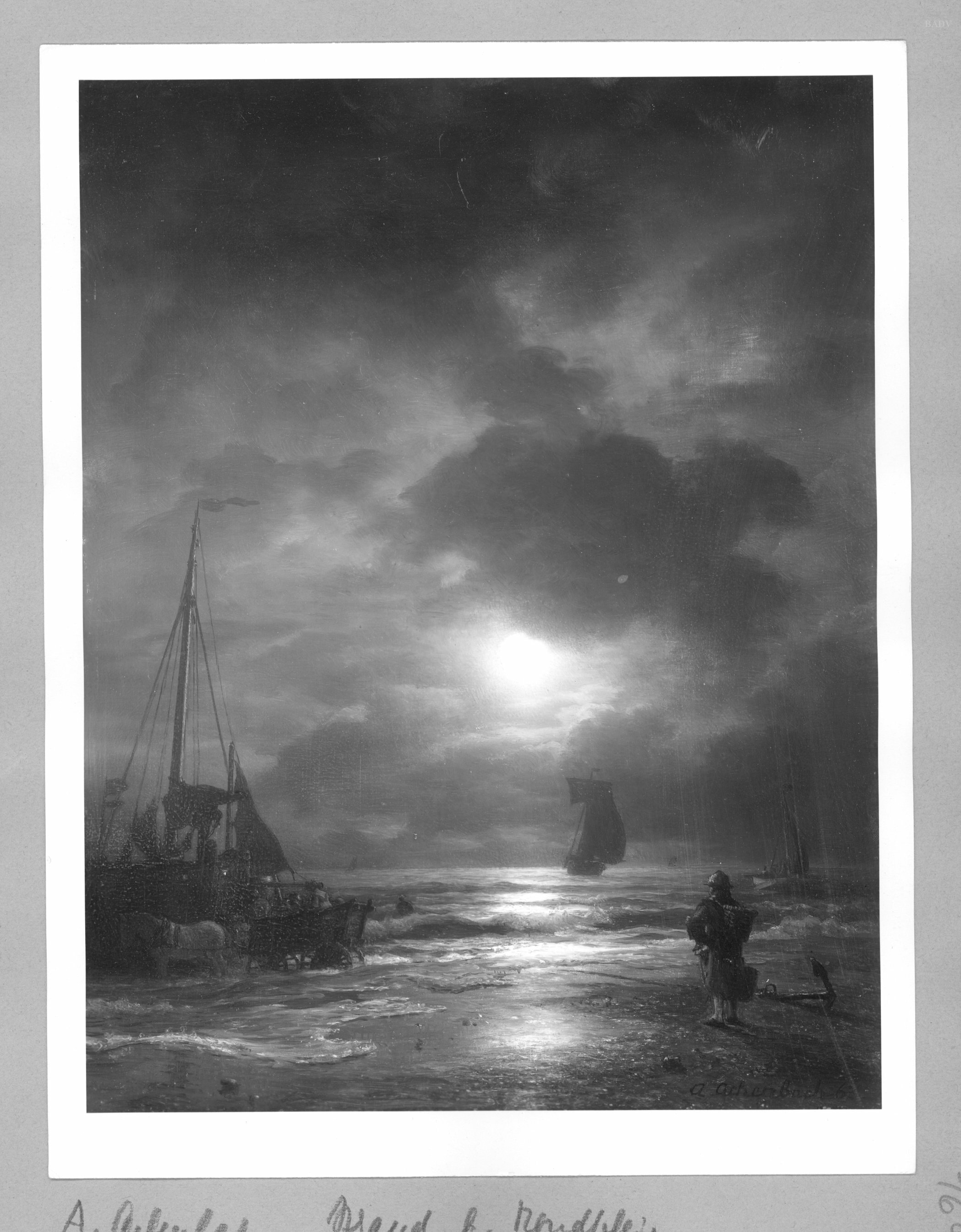 Andreas Achenbach, Coast by moonlight with ships and staffage