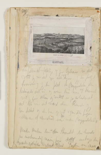 J.A. Jerichau (II), Notater, fortsat fra recto. Desuden indklæbet foto med udsigt mod Urbino