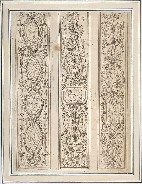 Anonymous, French, 18th century, Design for Three Upright Panels of Ornament Arabesques