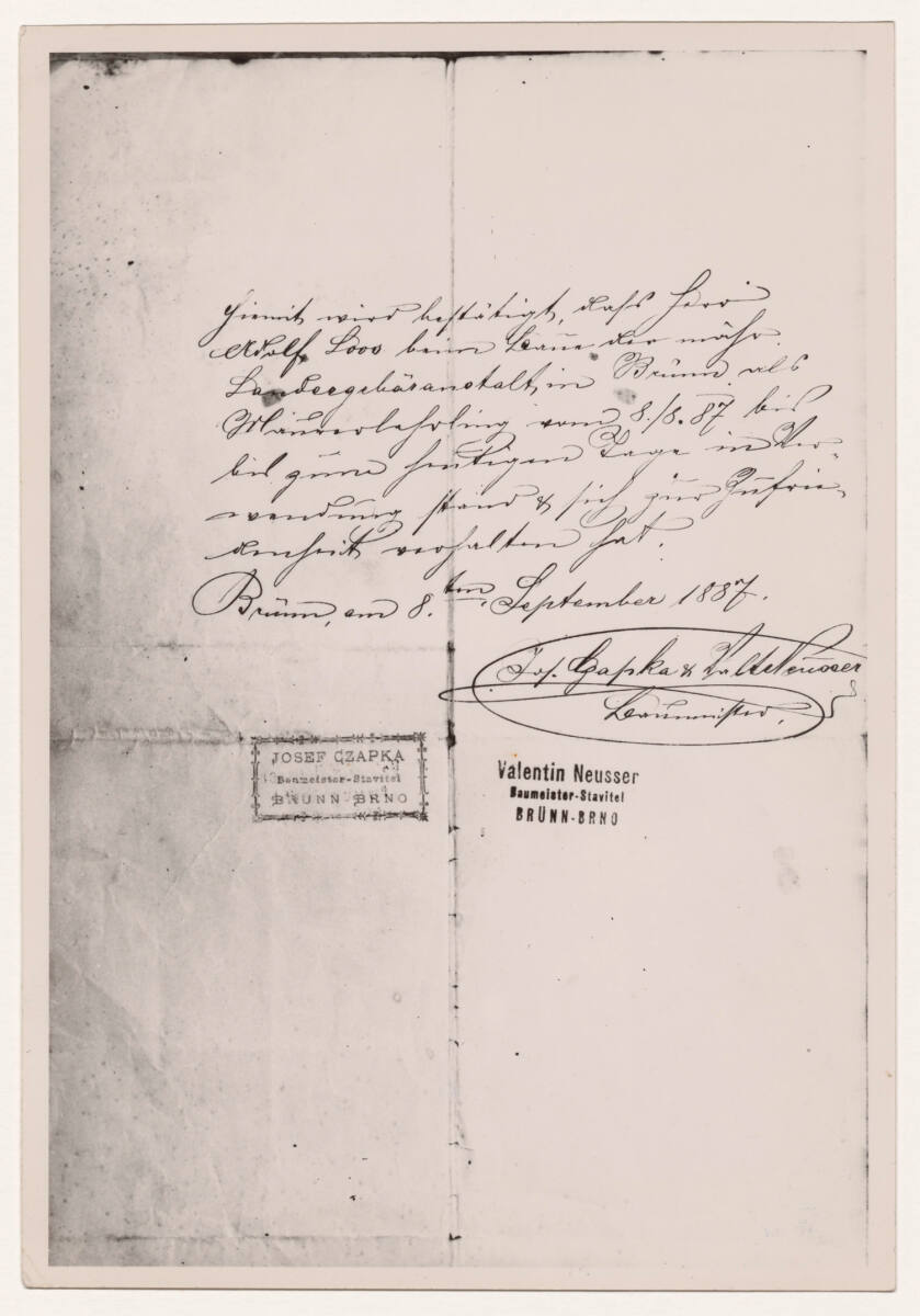 Anonym, Zeugnis für Adolf Loos von den Baumeistern Josef Czapka und Valentin Neusser in Brünn