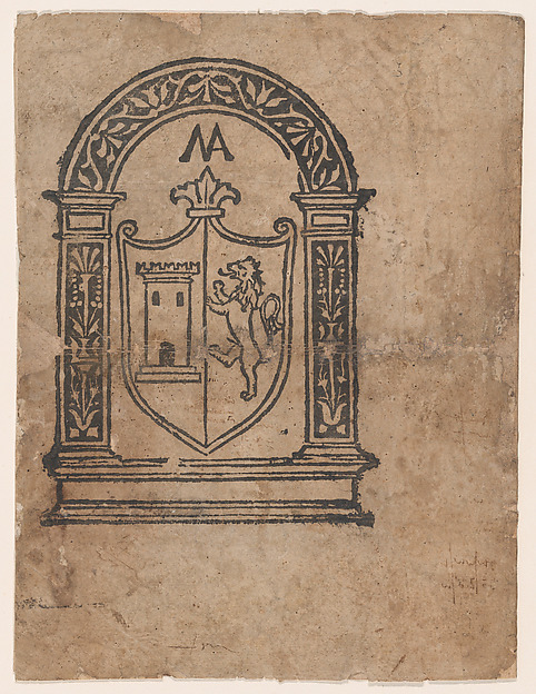 Anonymous, Italian, 16th century, Book illustration or more likely a trademark with a coat of arms featuring a lion and a tower set within an arch