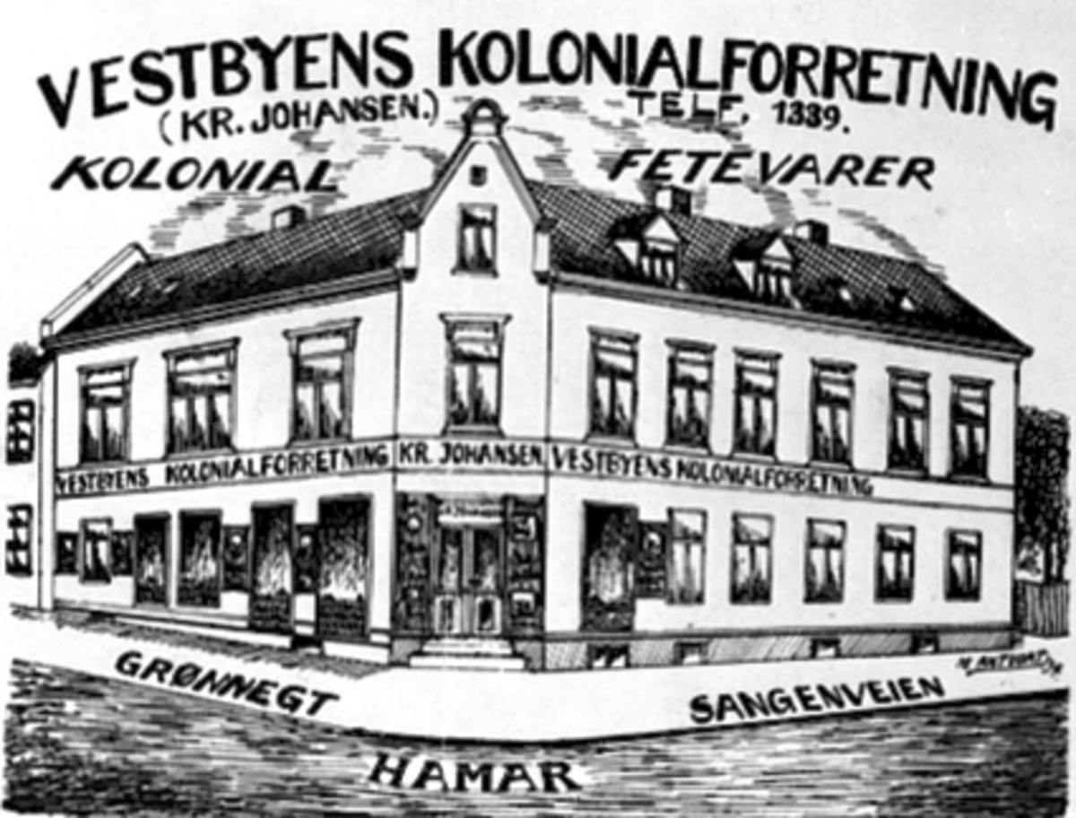 Anno Domkirkeodden, TEGNING EKSTERIØR VESTBYEN KOLONIAL, GRØNNEGATE 144