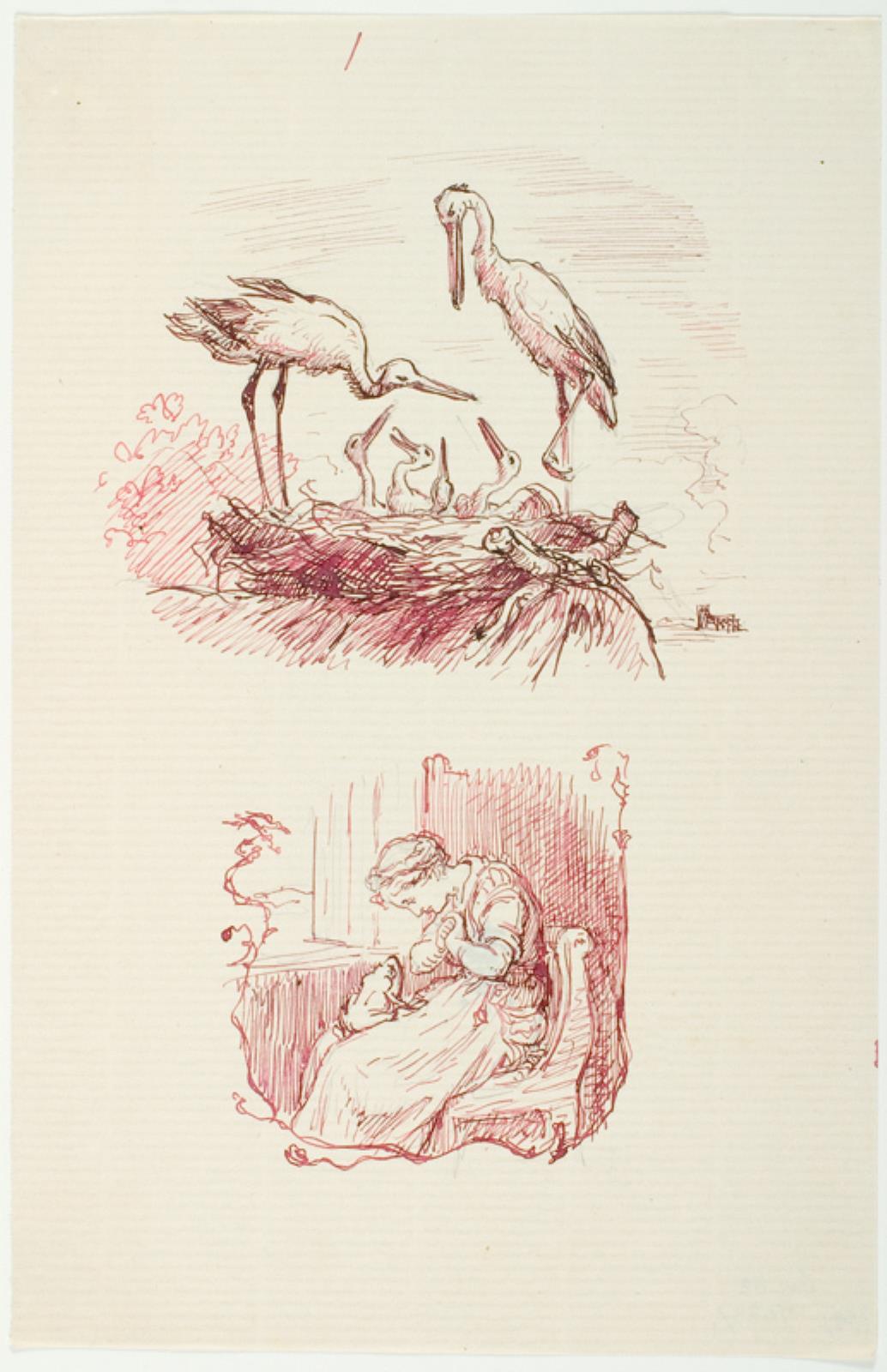 Lorenz Frølich, Storke og siddende kvinde med en frø på skødet. Antagelig illustrationsudkast til H.C. Andersen, "Dynd-Kongens Datter"
