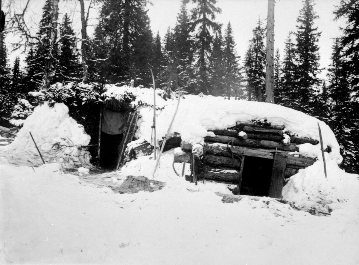 Anno Domkirkeodden, Eksteriør. Torvkledd tømmerkoie i Åstadalen, Ringsakerfjellet med stall. Trolig brukt av skogsarbeidere.