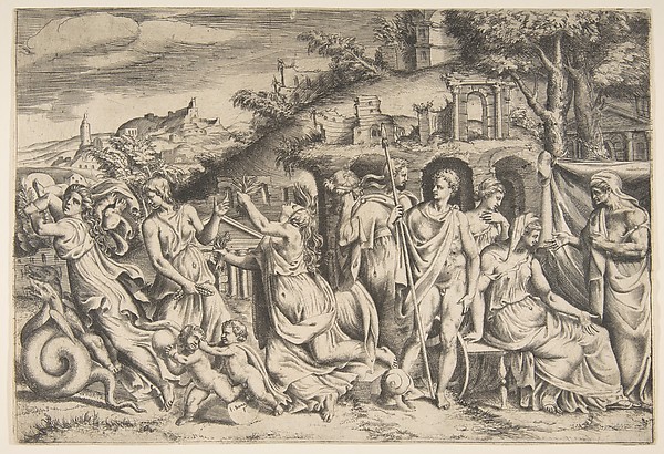 Giulio Bonasone, The story of Jason and Medea: at the left she carries off her son, in the middle she is shown in her madness, Jason stands at the right