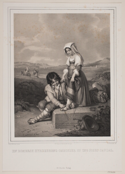 Adolph Kittendorff, En romersk hyrdedreng ombinder en ung piges sandal.