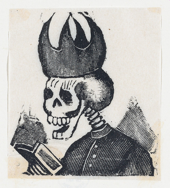 José Guadalupe Posada, A skeleton wearing a bishop's mitre reading a book (vignette for the feast of the dead)