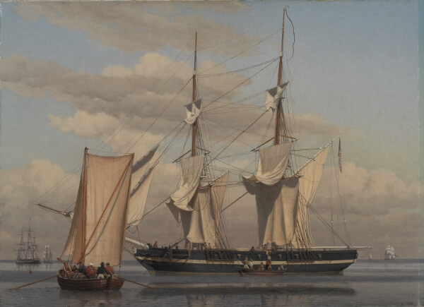 C.W. Eckersberg, En amerikansk orlogsbrig, der ligger for anker, mens sejlene tørres