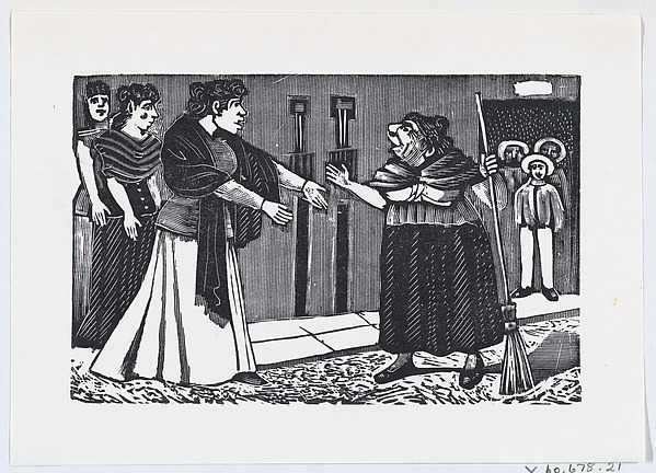 José Guadalupe Posada, An old woman with a broom in her hand arguing with a younger woman from a broadside entitled 'El Pleito de Vecindad'