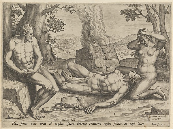 Johann Sadeler I, Adam and Eve mourning the death of Abel, plate 3 from "The Story of Cain and Abel"