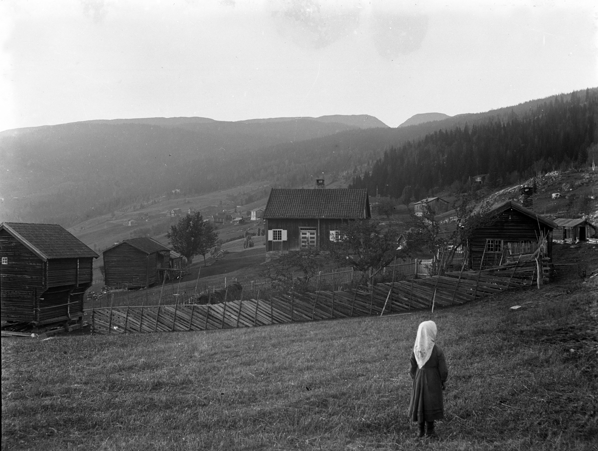Juliane Fredrikke Langberg, Fra Eggedal, Sigdal, på besøk hos Th. Kittelsen. Gårdstun med hesjer og kornstaur omkring. På utsiden av skigard står ei jente i hvitt skaut med ryggen til. Fra malerinne Juliane Fredrikke Langbergs samling, tatt 1895-1910 med motivkrets slekt og venner samt steder tilknyttet samvær med disse.