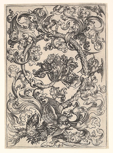 Martin Schongauer, Ornament with Owl Mocked by Day Birds
