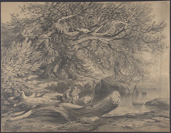 Alexandre Calame, Two Men Resting by a Lake (recto); Studies for Soldiers Mounted on Horseback (verso)