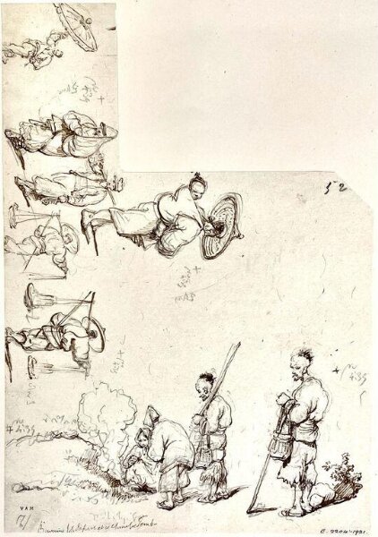 George Chinnery, Boatwomen tending a fire, and other  studies of standing or walking figures