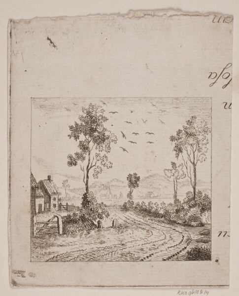 Gerhard Ludvig Lahde, Landskab med hus ved vej med træ og flyvende fugle