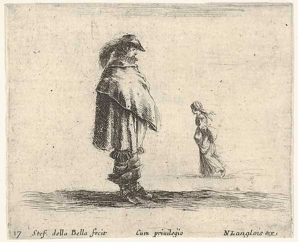 Stefano della Bella, Plate 17: a man wearing a plumed hat in center facing right, a woman walking towards the left in the background, from "Diversi Capricci"
