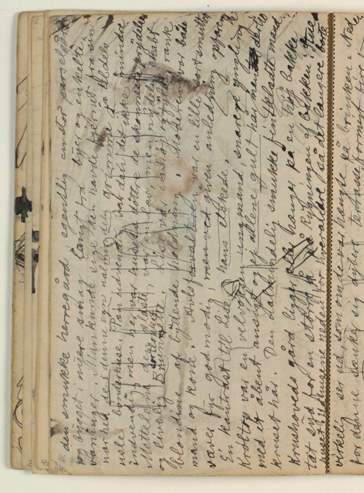Niels Larsen Stevns, Afskrift fra Blichers novelle "Bettefanden", p. 117 l.17-24, p. 118 l. 7-8, 18-19 & 25, p. 120 l. 26-33, under skriften figurskitser. Fortsætter over midten